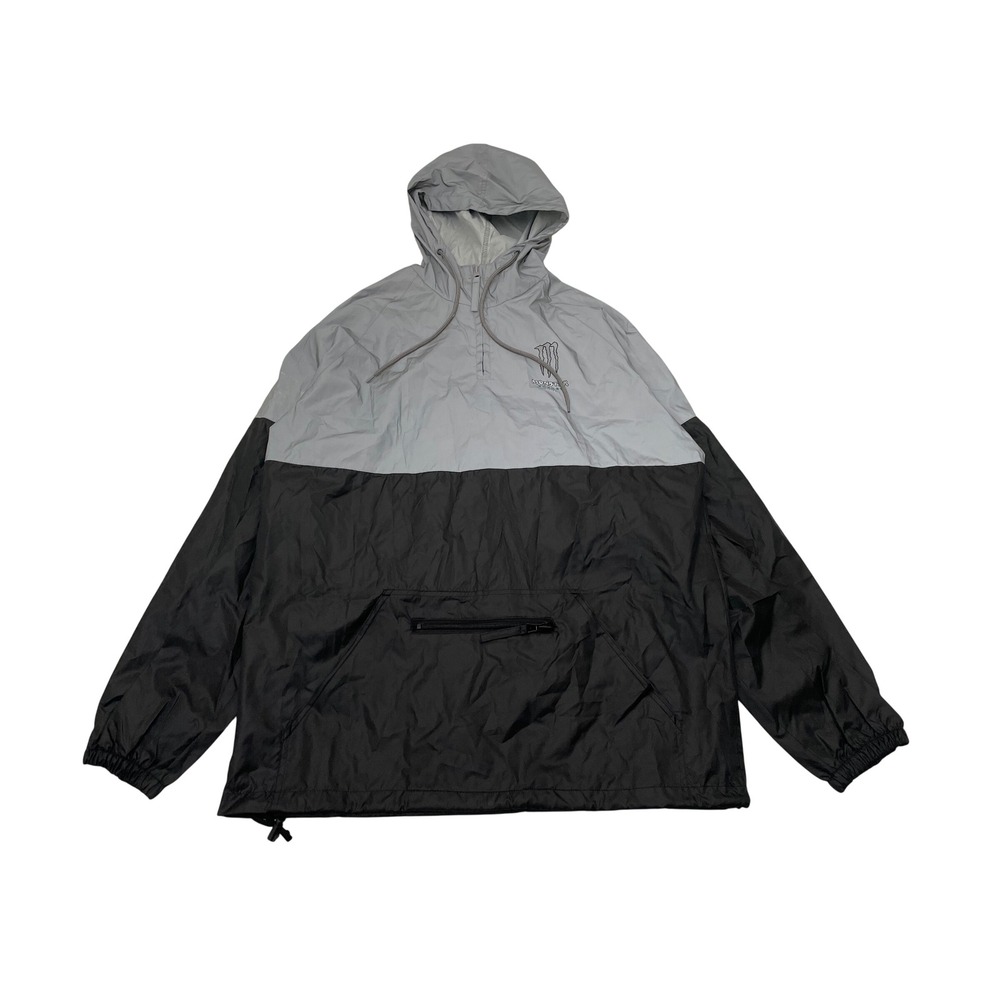 Monster Energy Ultra Windbreaker Jacket L Silver Black Hooded Reflective 1/4 Zip